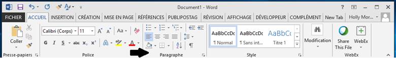 Capture d’écran de barre d’outils des paragraphes